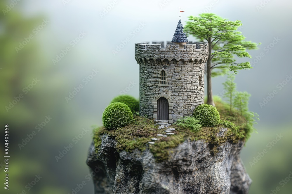 Poster pixelated castle on hill in peaceful retro game world with surreal composite effect - copy space for