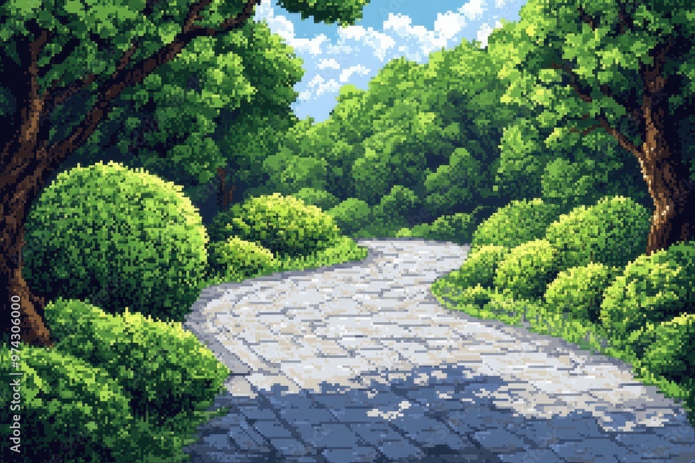 Poster enchanted retro game world: pixelated road through dense forest with whimsical overlay technique