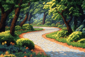 Obraz premium Pixelated Road through Vibrant Retro Forest Landscape with Copy Space in Overlay Technique