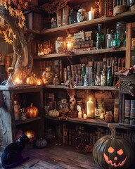 A cozy, candlelit room with a bookshelf full of books and jars, pumpkins, and a black cat.