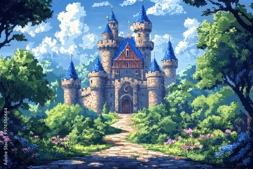 Aufkleber pixelated castle in a peaceful 8-bit world - dynamic fusion landscape with copy space for text