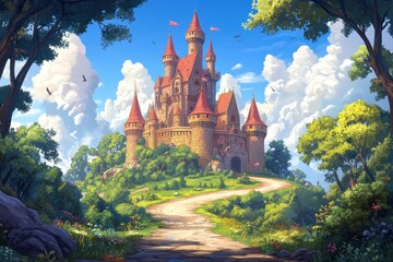 Pixelated Castle in a Peaceful 8-Bit World with Dynamic Fusion Design and Copy Space for Text - Simplified Castle on Pixelated Road Surrounded by Trees and Bushes