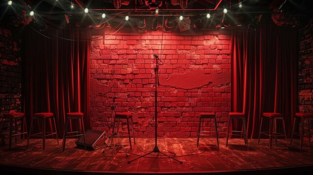 A dimly lit stage with red curtains, a brick wall backdrop, a microphone, and stools.  Perfect for a comedy show, concert, or performance.