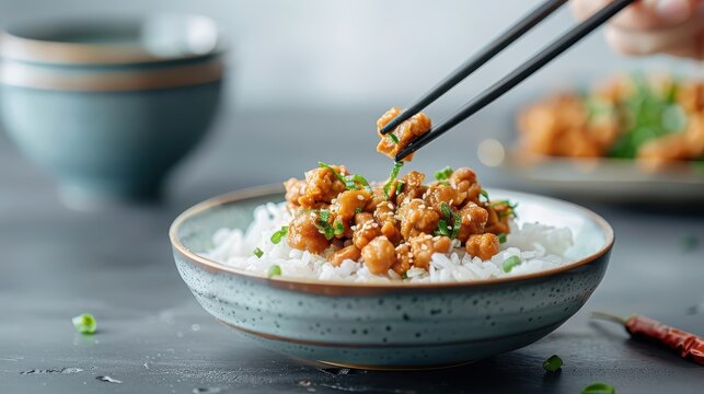 Chopsticks delicately lifting a strand of natto from a bowl.