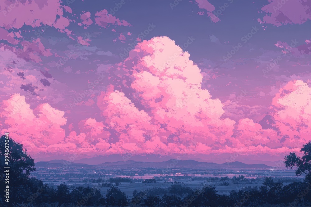 Poster retro video game pixelated sky and ground with minimalist clouds - vibrant overlay design for copy s