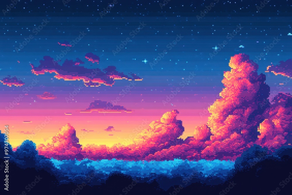Poster retro video game pixelated sky and ground with minimalist clouds in vibrant overlay style for copy s