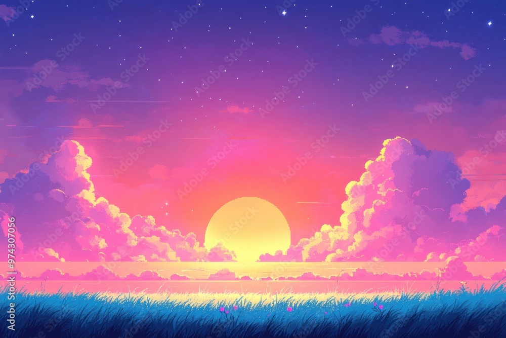Poster digital dreamscape - retro video game pixel art of sky and ground with minimalist clouds in vibrant 