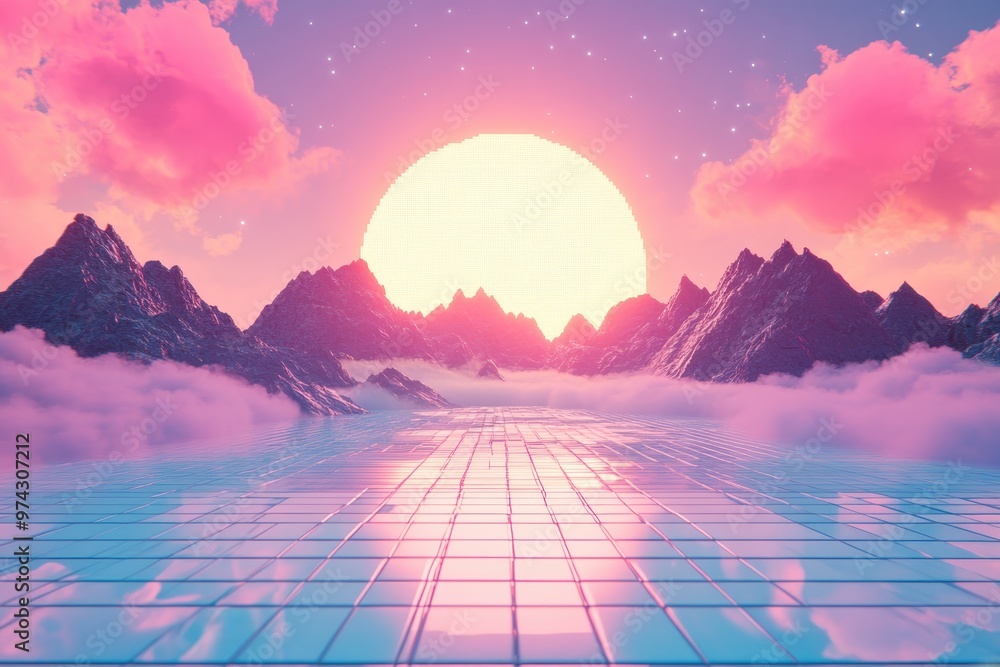 Poster serene retro landscape with pixelated sun and minimal textures, surreal composite finish for copy sp