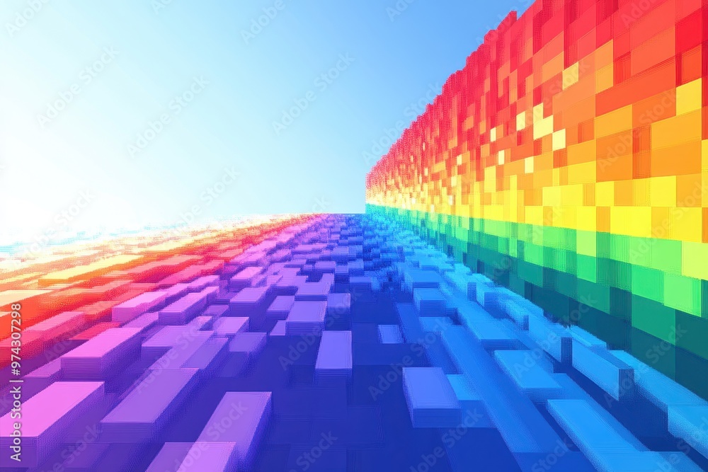 Aufkleber technicolor fusion - pixelated rainbow in vibrant video game world with ample copy space