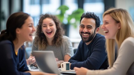 Diverse Multinational Team Laughing Together in Open Office Collaboration Meeting