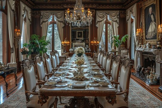 A grand dining room with a long table set for a formal dinner. The room is decorated in a traditional style with ornate furniture, chandeliers, and artwork.