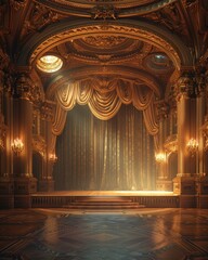 A grand, ornate stage with golden drapes and candlelight, ready for a performance.