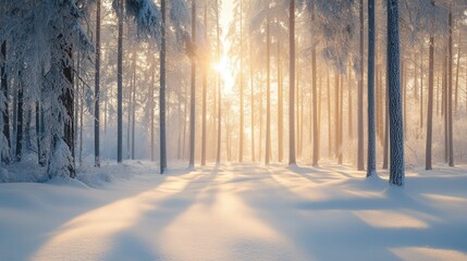 a snow-covered forest with sunshine 
