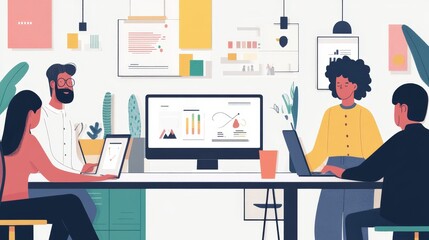 Diverse Multi-National Team Collaborating on Design Project with Focus and Productivity