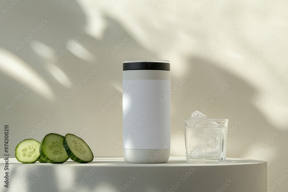 Poster a minimalist scene featuring a container, ice, and cucumber slices on a light surface.