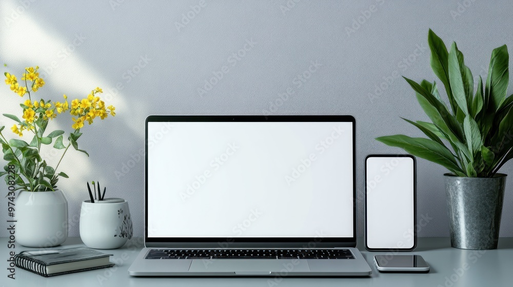 Sticker laptop, phone, and plant mockup