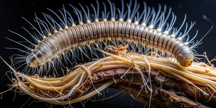 Macro photograph of a parasitic horsehair worm, Phylum Nematomorpha, emerging from insect carcass, showcasing its long, slender, and dark-colored body with subtle segmentations.