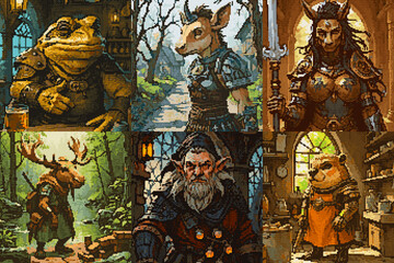 Obraz premium Brokers and dealers, Pixel art style fantasy character grid