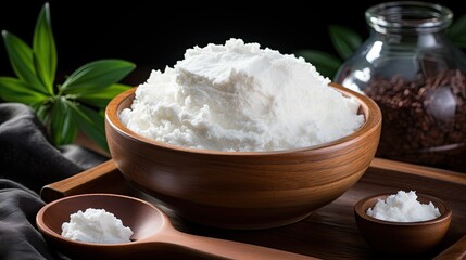 On a white background, whipped yogurt with sour cream in a wooden bowl  