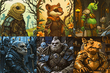 Fototapeta premium Hero portraits of animal hybrid people, Pixel art style fantasy character grid