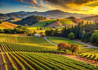 Naklejka premium Picturesque Rolling Vineyards Stretch Across Lush Hillsides, Framing A Stunning Napa California Landscape.
