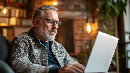 Fototapeta premium Senior Man Using Laptop Indoors