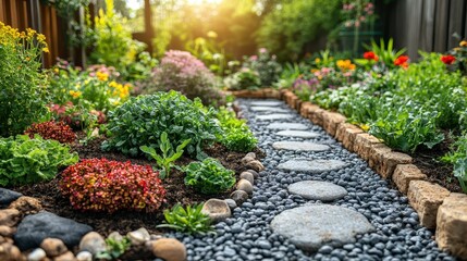 A vibrant garden path lined with colorful flowers and greenery, inviting exploration.