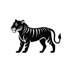 A silhouette of a tiger standing in front of a white background, with a black stripe on its.