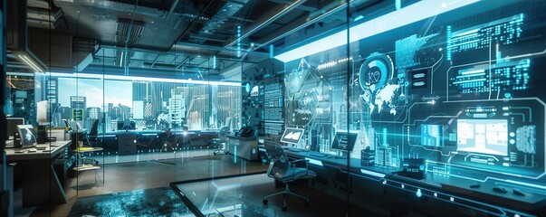 Fototapeta premium A futuristic AI-driven urban planning office where virtual models of city developments are manipulated and optimized in real-time using advanced AI tools.