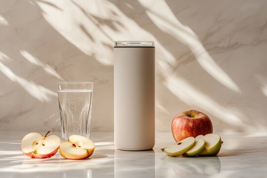 A minimalist setup featuring a glass of water, a sleek container, and fresh apples. - Powered by Adobe