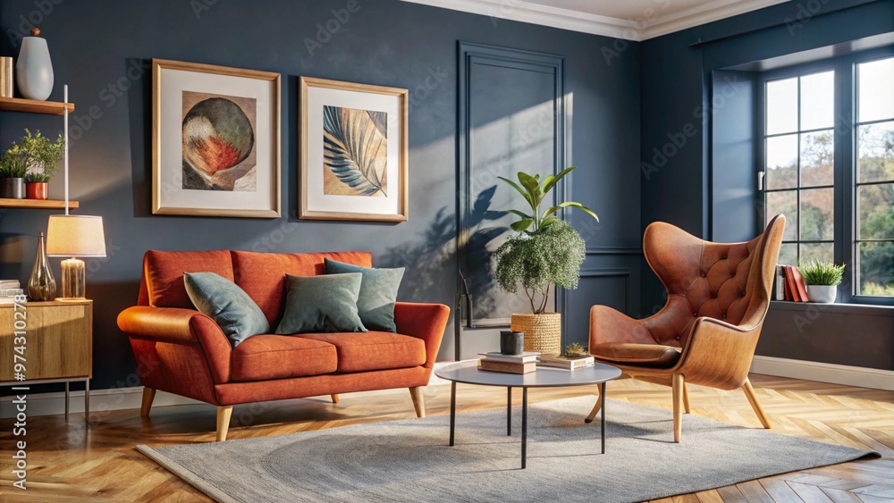 Wall mural scandinavian interior design of modern living room with accent red armchair and frame on wall.