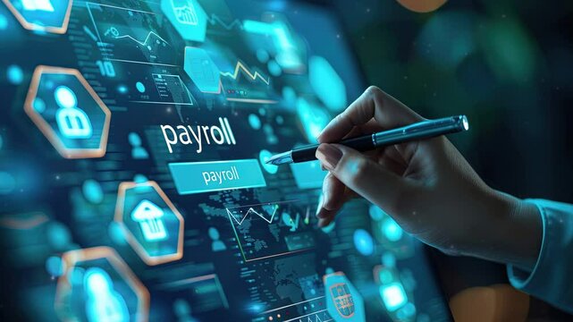 Hand holding pen to touch virtual technology Payroll, Financial Icon, Concept of Modern Payroll Management Systems