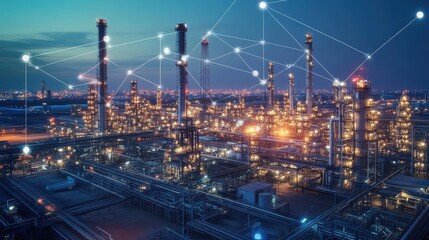 Fototapeta premium Illuminating the Future: A Networked Oil Refinery Shines in the Night