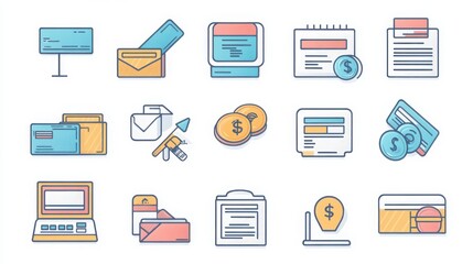Banking and Transactions thin line icon set. Containing bank, ATM, deposit, withdrawal, credit card, debit card, account balance, money transfer, online banking, transaction history, check