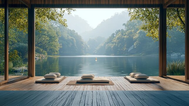 Tranquil Lake View from Wooden Deck with Pillows