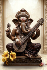 Fototapeta premium A serene Ganesh figure playing the veena, symbolizing wisdom and music, perfect for spiritual and artistic themes.