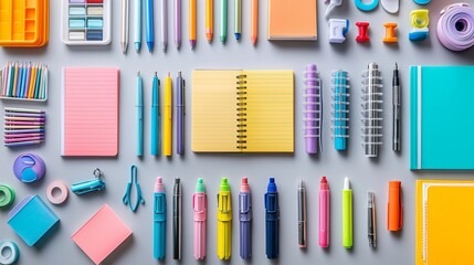 Obraz premium Colorful Stationery Flat Lay with Notebooks Pens Markers and Paper Clips