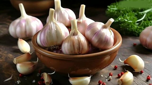 Fresh garlic bulbs in a bowl ready for culinary adventures High quality HD 4K video clips garlic, food, vegetable, spice, isolated, bulb, ingredient, white, healthy, fresh, organic, cooking, raw, clov