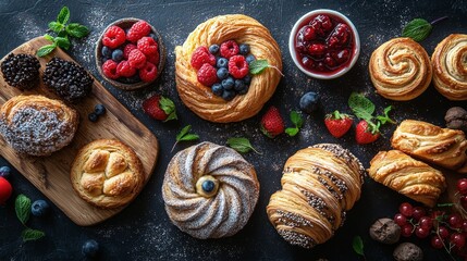 Delicious Pastry Assortment with Berries and Cherry Jam