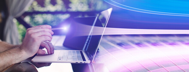 The concept of transferring data with one click to the Internet and cloud services, global business...