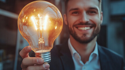 New creativity and innovation are the key to successful thinking and creative business concepts. Businessman's hand holding creative light bulb with network technology strategy planning