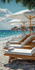 Obraz premium Tropical Beach Scene with Relaxing Loungers and Sun Umbrellas Under Clear Skies
