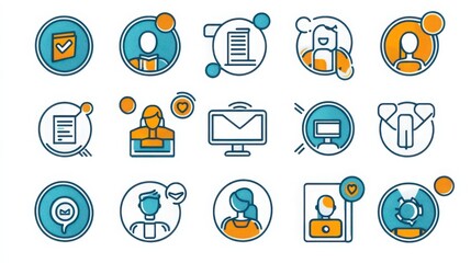 Fototapeta premium Networking on Social Platforms thin line icon set. Containing LinkedIn, social media, online profile, professional connections, group networking, direct messages