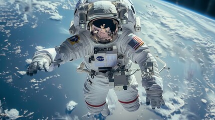 An astronaut floats in space, Earth's blue and white surface stretching out below.