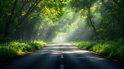Obraz premium A winding road through a lush green forest with sunlight streaming through the trees.
