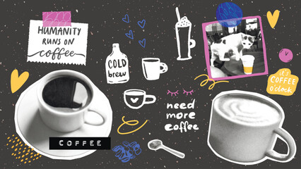 Coffee collage board with sticky notes, inspirational funny quotes, cups cutout, photo of cat in cafe. Bold pop graphic set