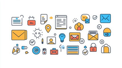 Fototapeta premium Networking Tools thin line icon set. Containing business card, networking app, CRM software, video conferencing, online messaging