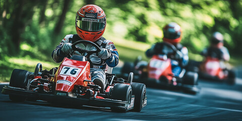 Obraz premium Group of go-kart drivers racing on a track