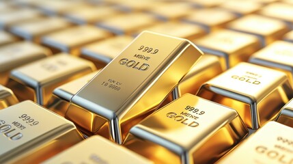 Close-up of multiple shiny gold bars with 999.9 purity stacked together in rows