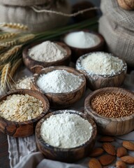 Assortment of various types of flour in wooden bowls, including wheat, almond, oat and buckwheat.